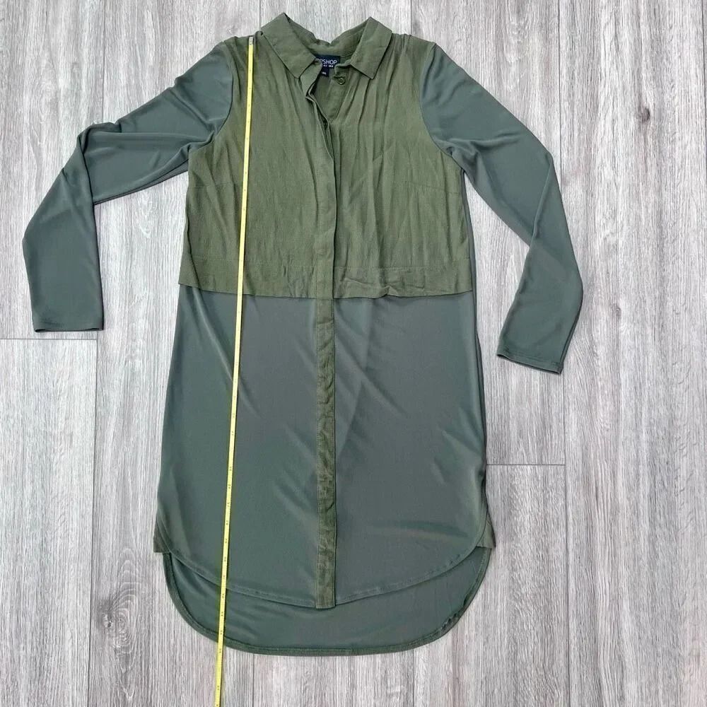 Topshop Women's Khaki Green Color Block Curved‎ High Low Hem Shirt Dress Size 2